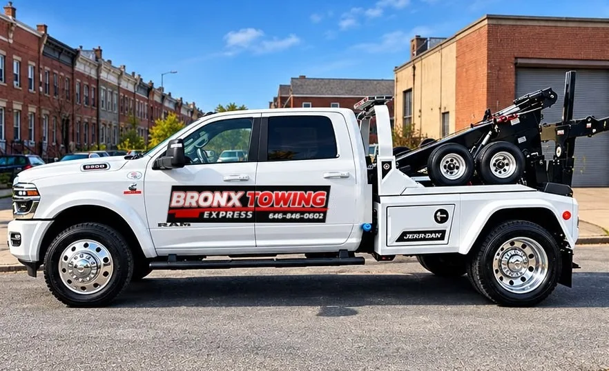 Bronx Towing Express wrecker with wheel-lift parked by a Bronx garage