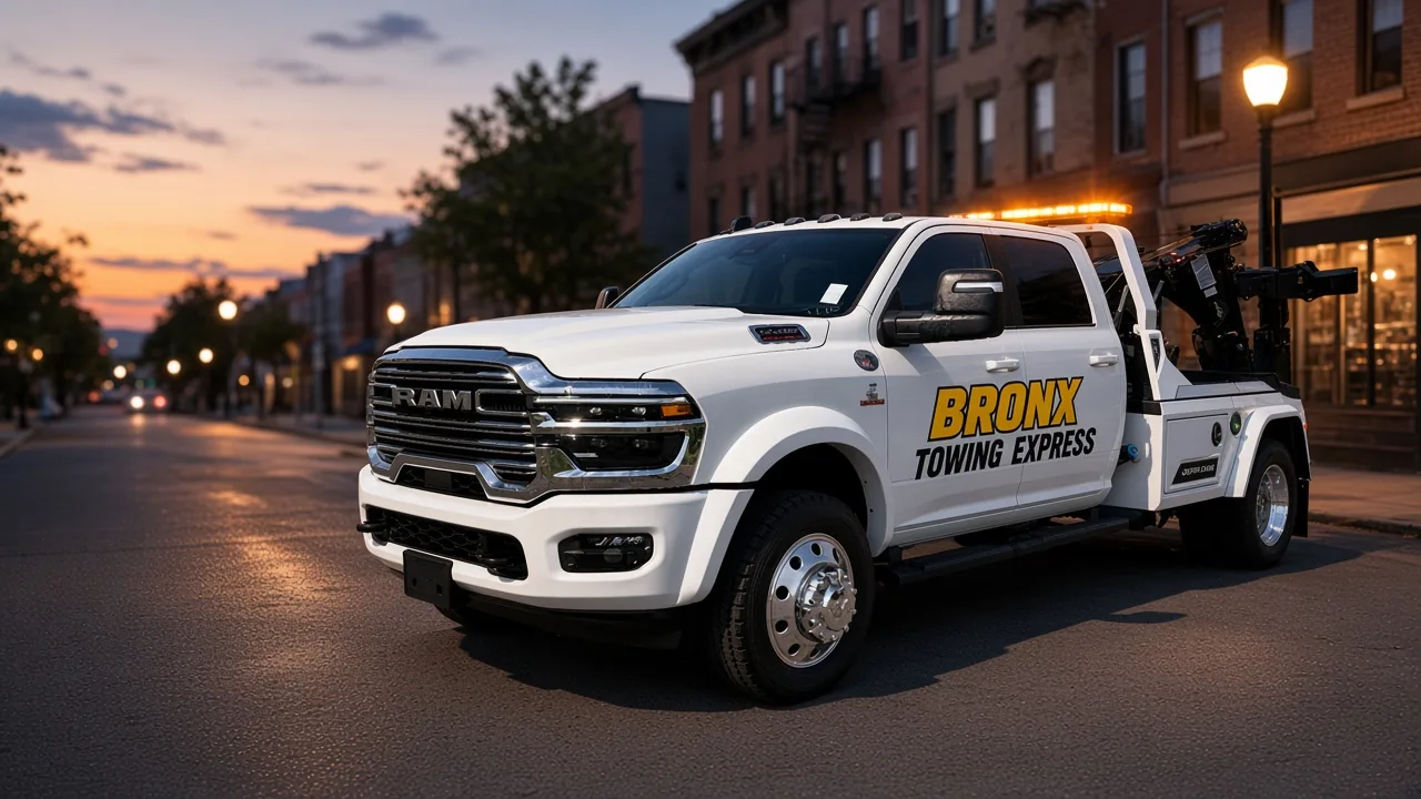 Bronx Towing Express white Ram wrecker parked on a Bronx street at dusk, company name on the door